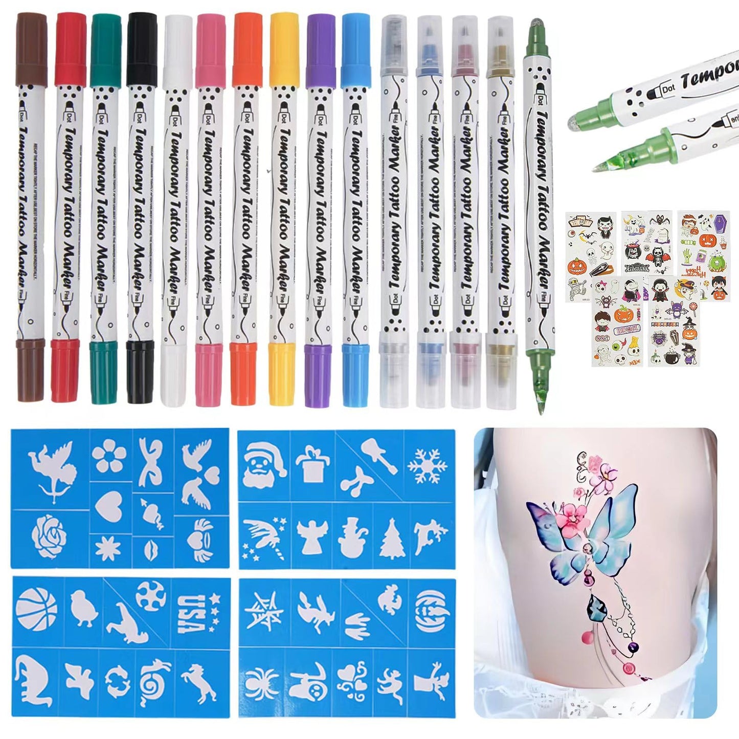 VividSkin Tattoo Marker Bundle: 15 Pens + Stencils and Glow Stickers